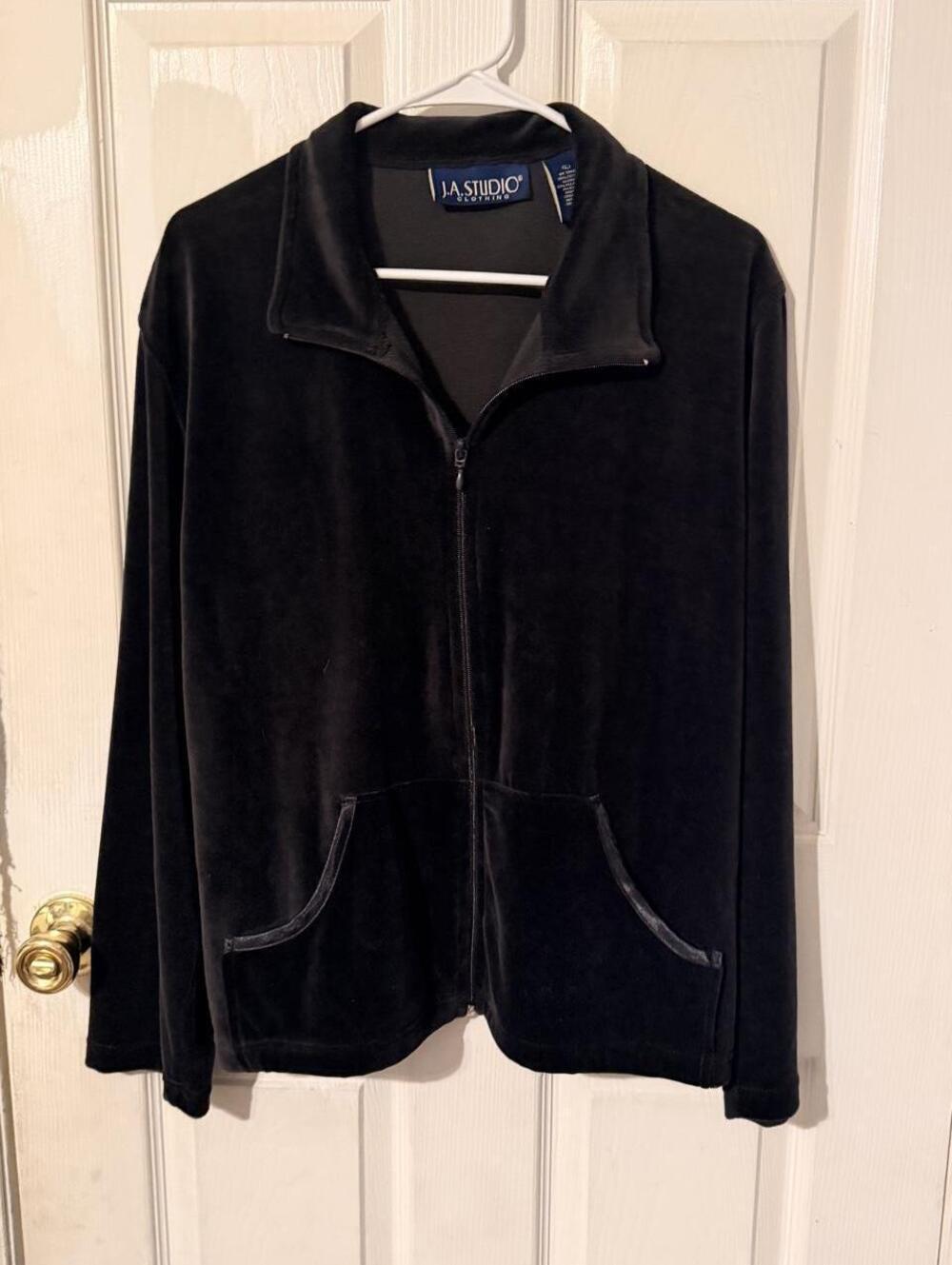 Vtg Y2K J.A. Studio Black Velour Full Zip Track Jacket Mock Neck whimsigoth/goth